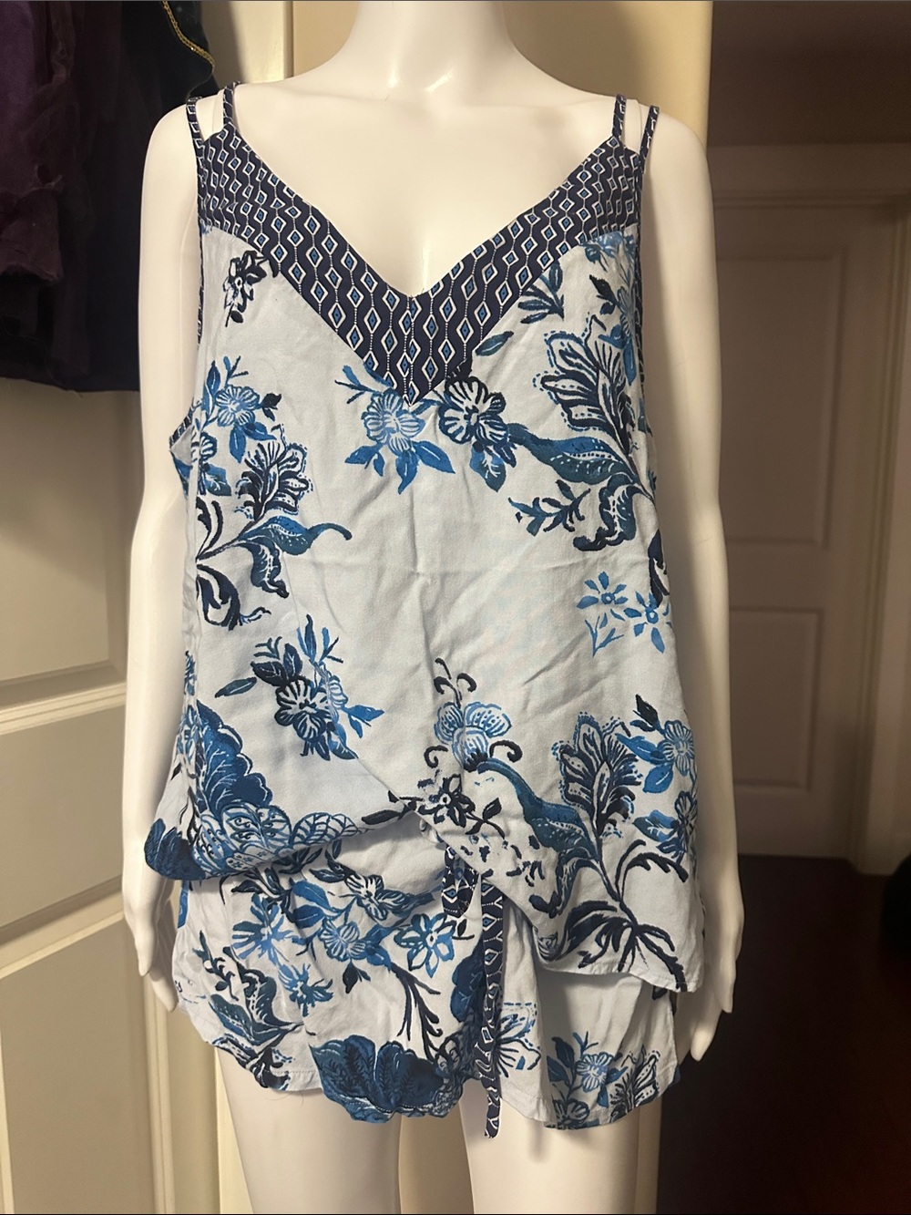 Linea Donatella Blue Floral Cami Shorts Pajama Set XL EUC